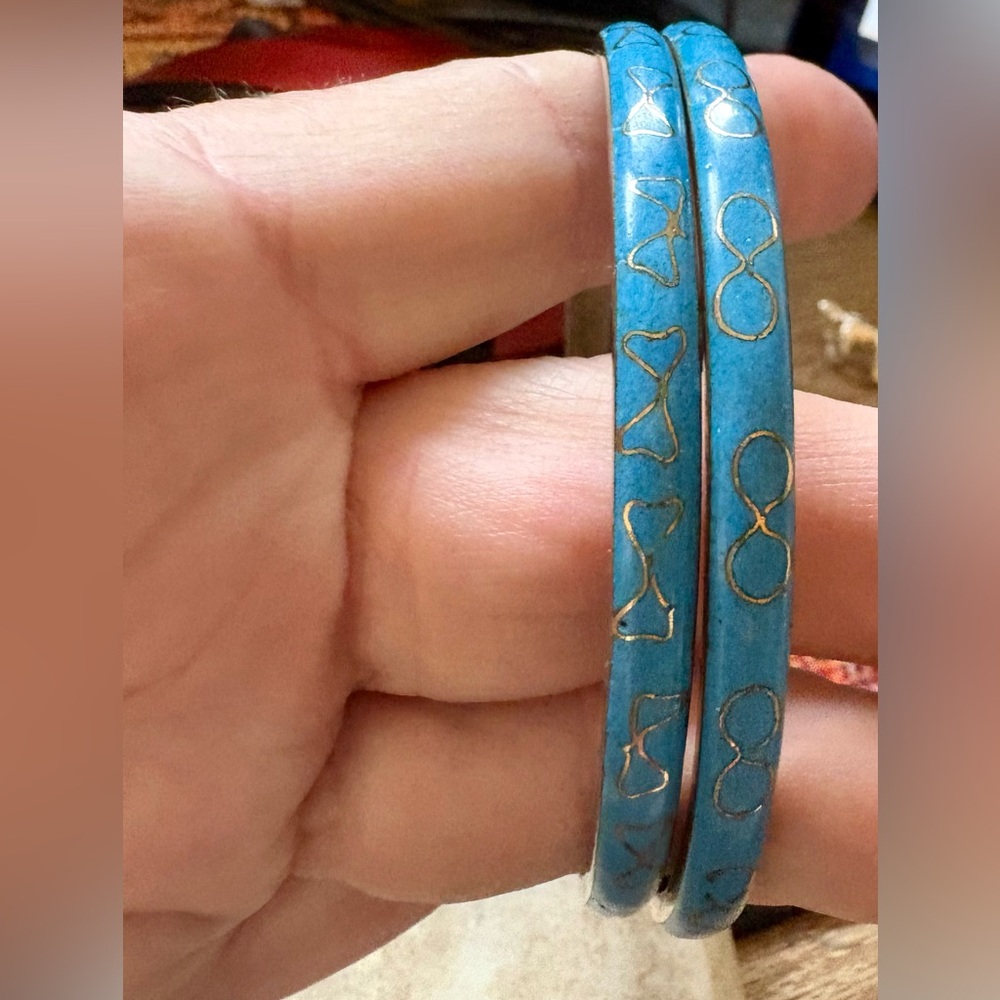 Vintage signed Robert Kuo Turquoise Gold enamel Infinity bangle Bracelet set